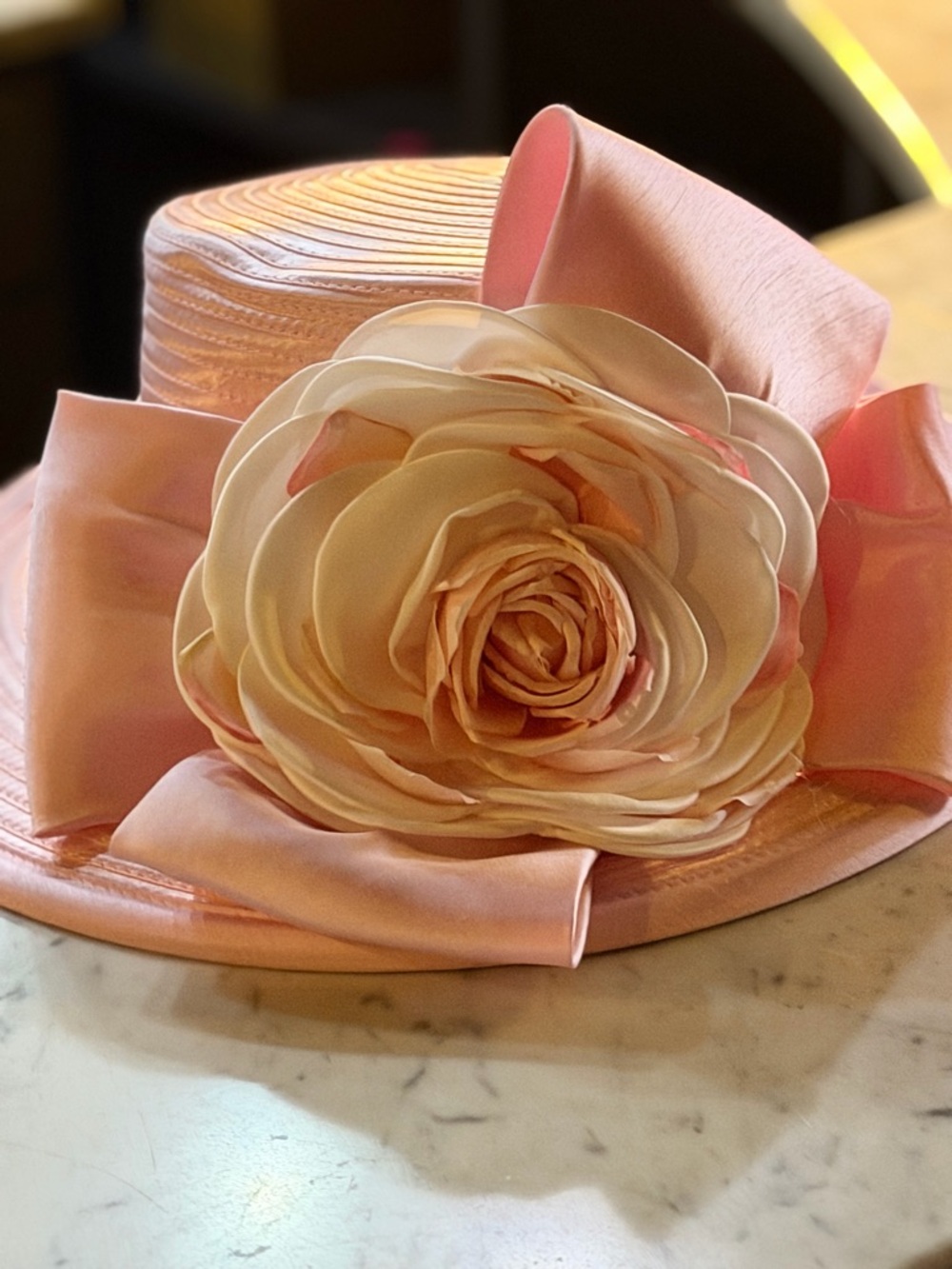 Elegant Women's Pink Floral Dress Hat with Large Satin Rose